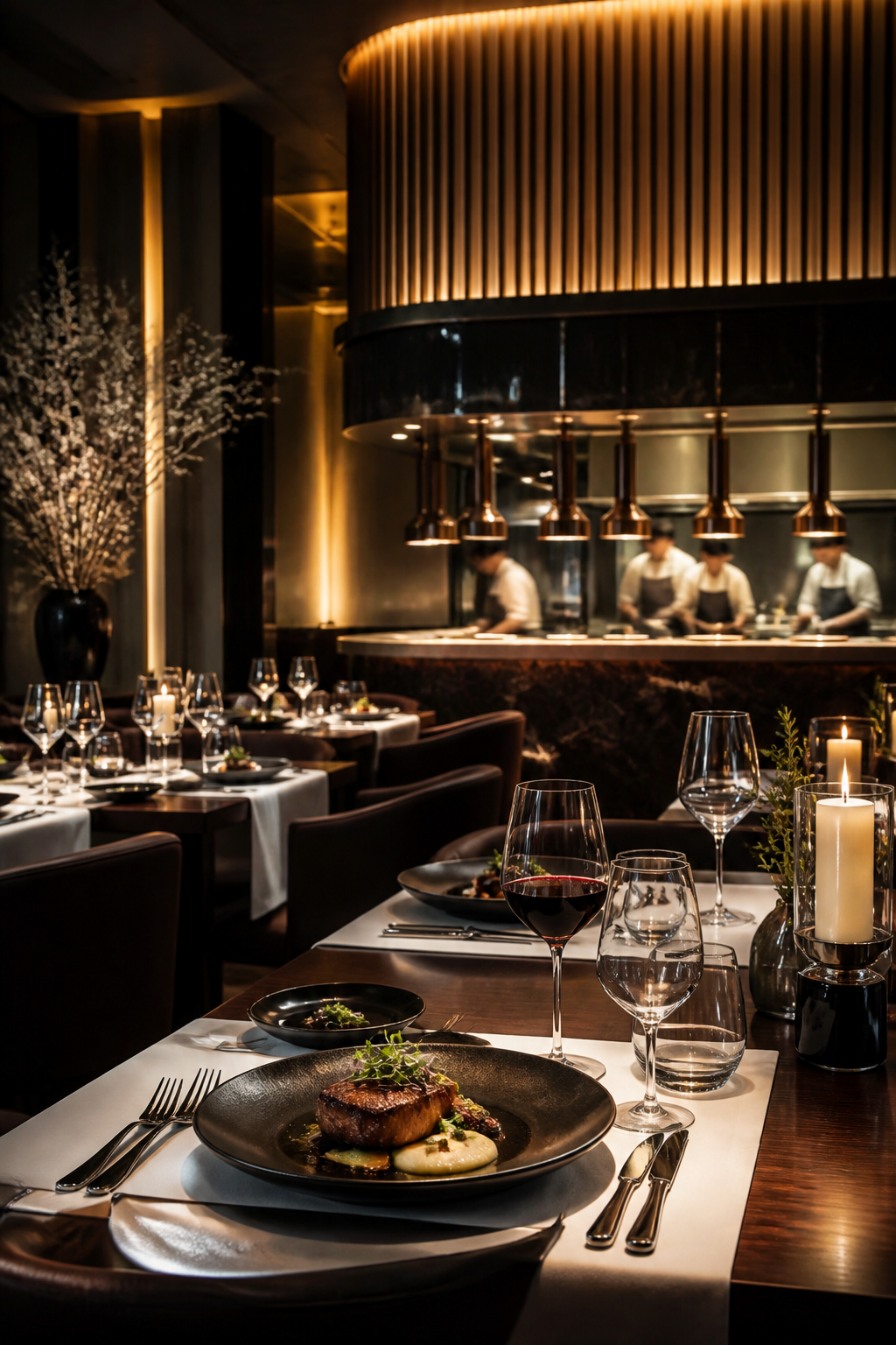 Warm interior of a premium restaurant dining room